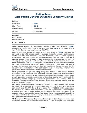 Asia Pacific general insurance - Credit Rating Agency of Bangladesh