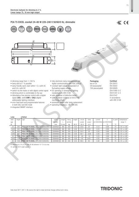 PCA T5 EXCEL one4all 24â 80 W 220â 240 V 50/60/0 Hz ... - Tridonic