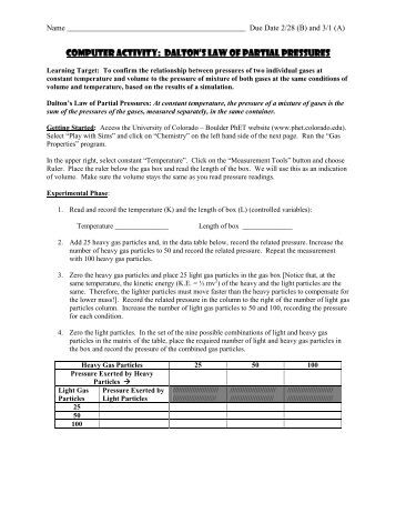 Dalton's Law of Partial Pressures Worksheet