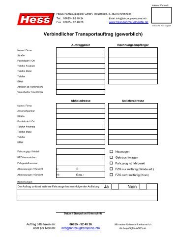 Verbindlicher Transportauftrag - Hess Fahrzeuglogistik GmbH