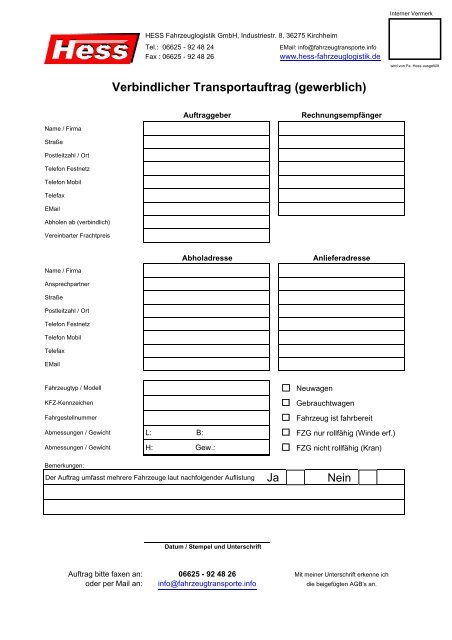 Verbindlicher Transportauftrag - Hess Fahrzeuglogistik GmbH