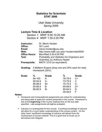 Statistics for Scientists STAT 3000 Utah State University Spring 2009 ...