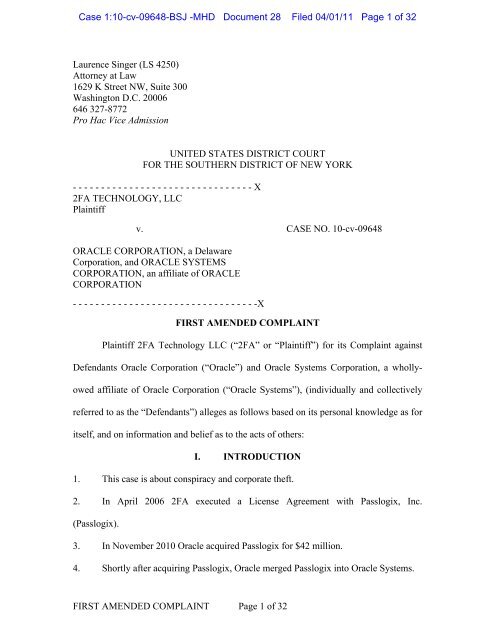 FIRST AMENDED COMPLAINT Page 1 of 32 Laurence Singer (LS ...