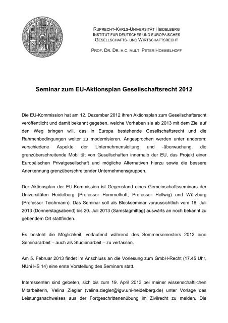 Seminar zum EU-Aktionsplan Gesellschaftsrecht 2012 - Institut fÃ¼r ...