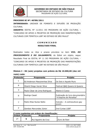Resultado Final - Edital 11/2011 - Secretaria de Estado da Cultura ...
