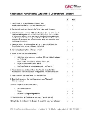 Checkliste zur Auswahl eines Outplacement-Unternehmens / Beraters