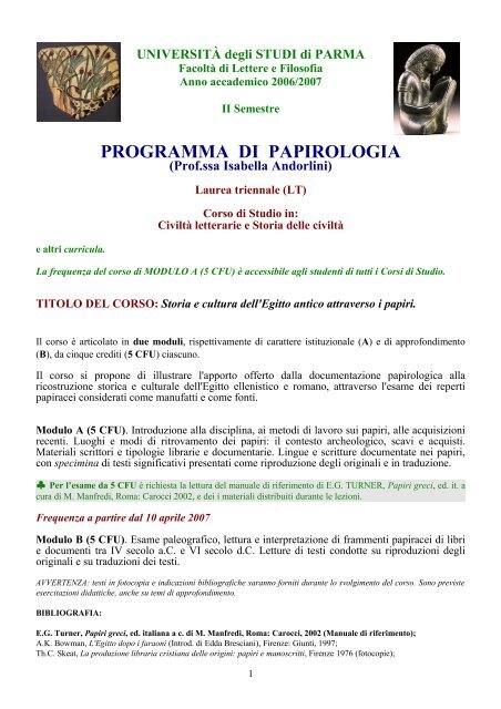 Programma con Bibliografia generale e letture facoltative consigliate