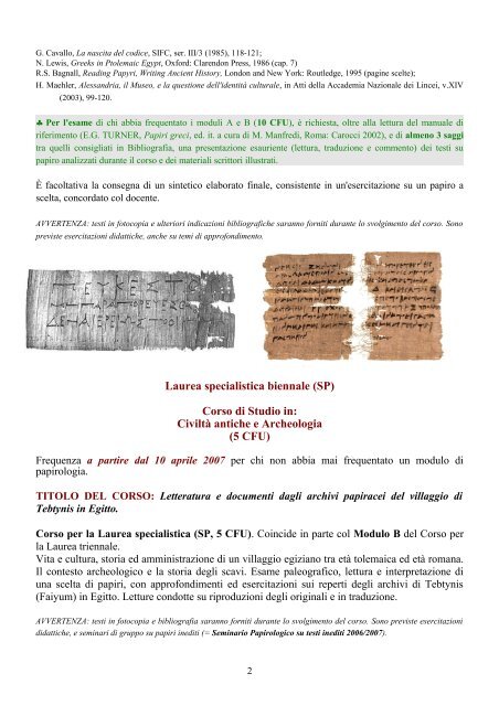 Programma con Bibliografia generale e letture facoltative consigliate