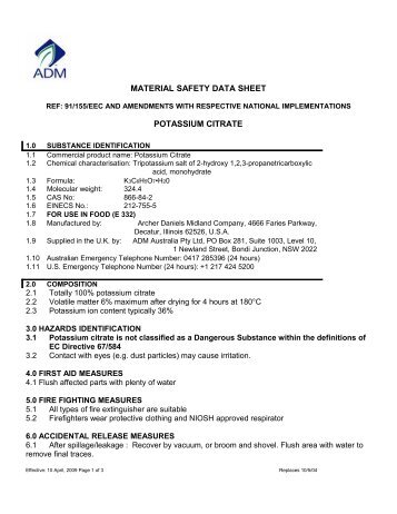 MATERIAL SAFETY DATA SHEET POTASSIUM CITRATE - ADM