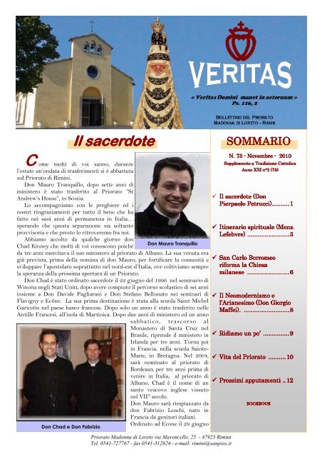 Veritas 73, novembre 2010 - Fraternità Sacerdotale di San Pio X