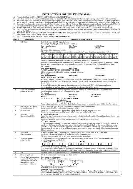 INSTRUCTIONS FOR FILLING FORM 49A