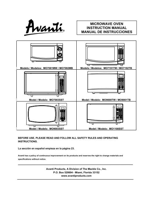 MICROWAVE OVEN INSTRUCTION MANUAL - Avanti Products