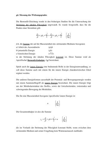 g4. Messung des Wirkungsgrades Die Bernoulli-Gleichung wurde in ...