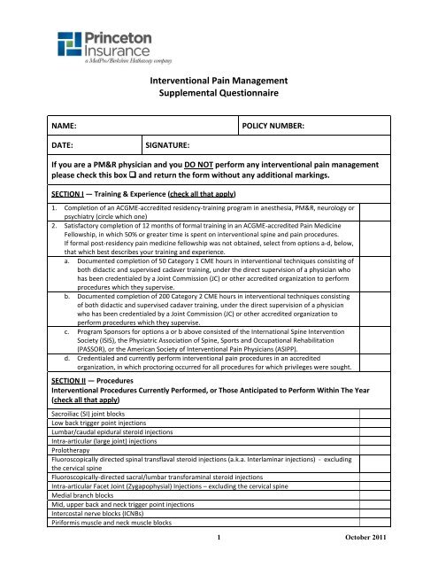 Interventional Pain Management Supplemental Questionnaire