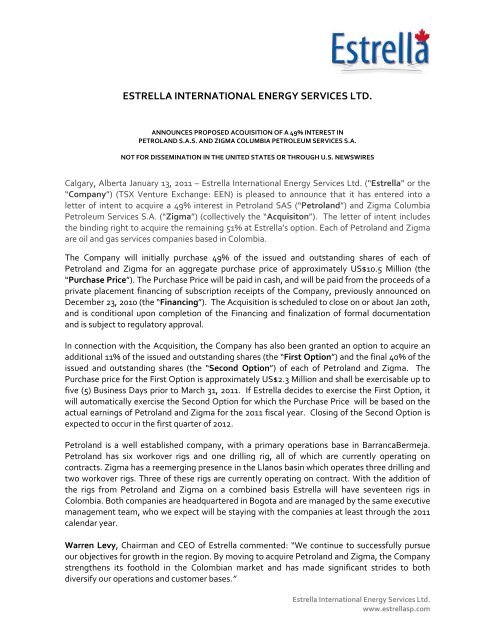 2011/01/13 EIES Press Release - Acquisition of Petroland and ...