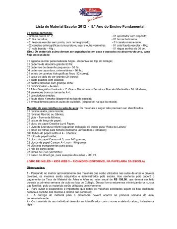 Lista de Material Escolar 2012 - 5.Âº Ano do Ensino Fundamental: