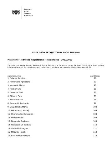 jednolite magisterskie - stacjonarne - 2012/2013 nazwisko, imię ...