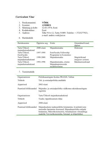 Curriculum Vitae - Tartu Ãlikooli Majandusteaduskond