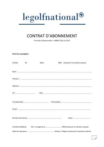 CONTRAT D'ABONNEMENT - Fédération Française de Golf