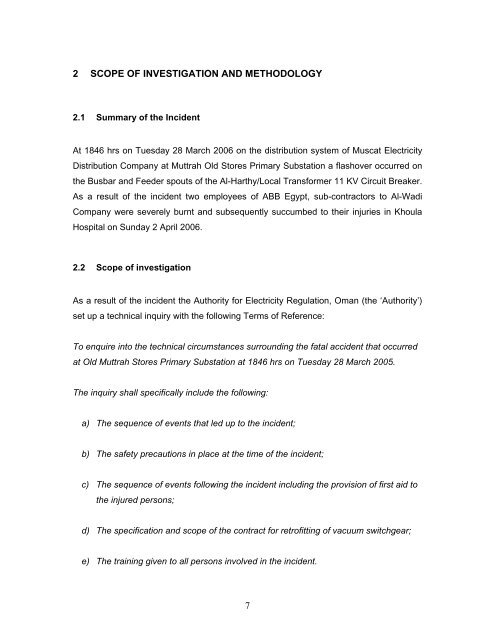 2006 Muttrah Incident Report - authority for electricity regulation, oman