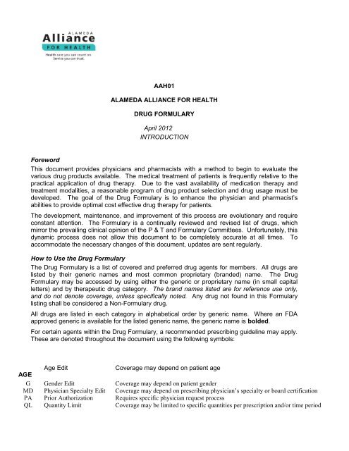 Comprehensive Alliance Drug Formulary  Alameda Alliance for