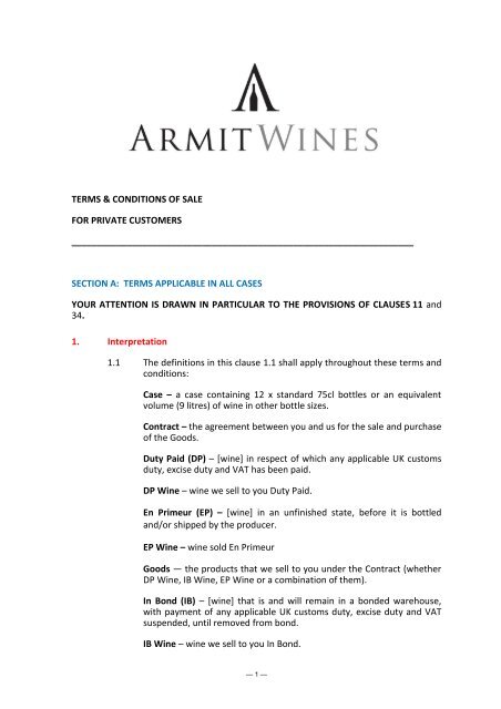 Terms And Conditions Of Sale For Private Customers - Armit Wines
