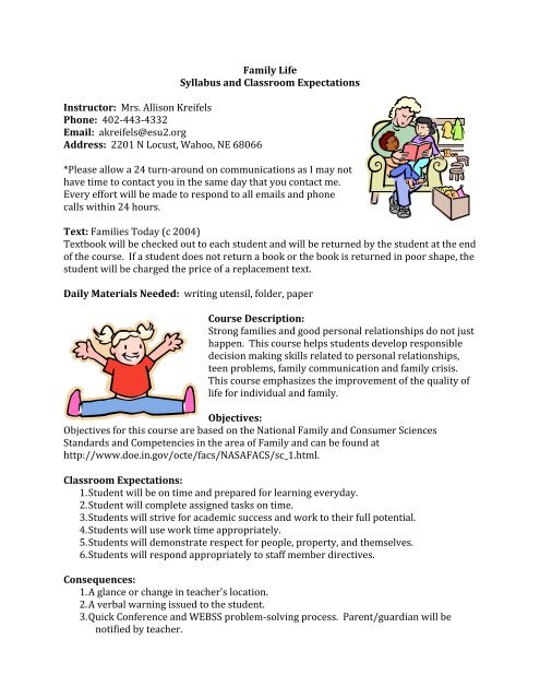 Family Life Syllabus and Classroom Expectations Instructor: Mrs ...