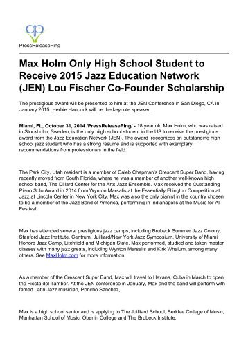 Max Holm Only High School Student to Receive 2015 Jazz Education Network (JEN) Lou Fischer Co-Founder Scholarship