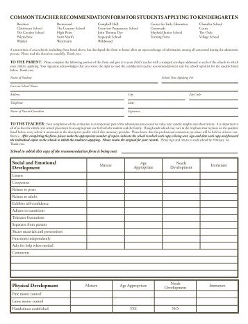 Kindergarten Recommendation Form - High Point Academy