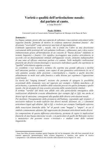 VarietÃ  e qualitÃ  dell'articolazione nasale: dal parlato al canto.