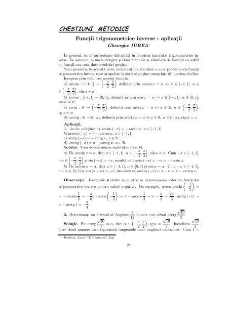 FuncÅ£ii trigonometrice inverse - aplicaÅ£ii - Gheorghe IUREA