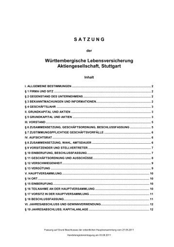 SATZUNG Württembergische Lebensversicherung Aktiengesellschaft