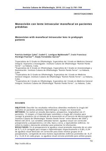 Monovisión con lente intraocular monofocal en ... - SciELO - Infomed