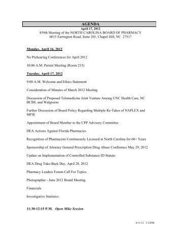 AGENDA - North Carolina Board of Pharmacy