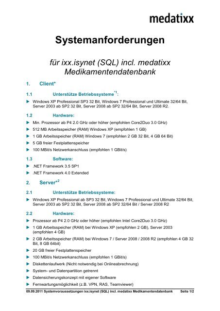 Systemanforderungen für ixx.isynet (SQL) incl. medatixx - HMS