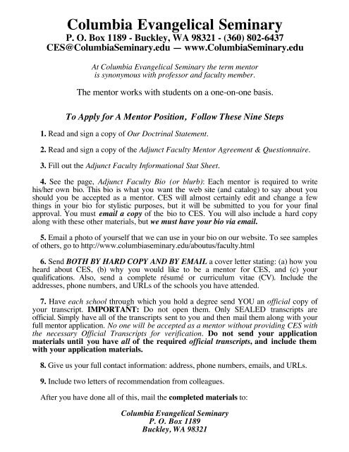 Mentor Application PDF File Columbia Evangelical Seminary