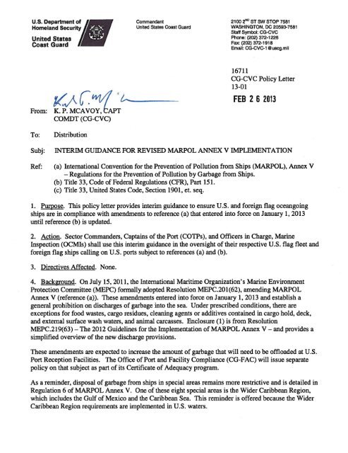 USCG MARPOL Annex V Guidelines 2013 Feb