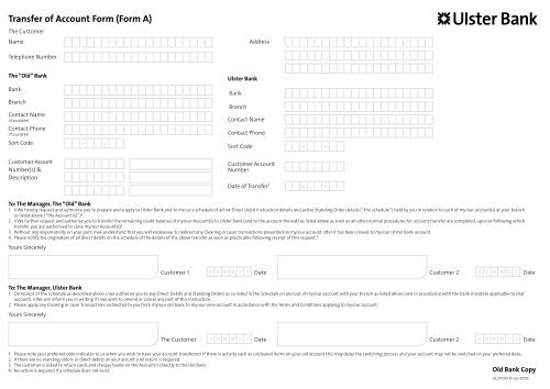 Transfer Of Account Form Form A Ulster Bank