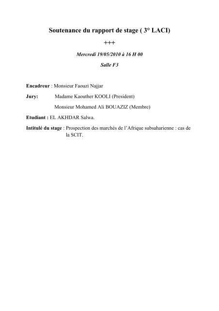 Soutenance du rapport de stage ( 3Â° LACI) +++ - Institut SupÃ©rieur ...