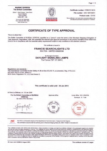 Aldis FSP127 Approval Certificate - Safety at Sea