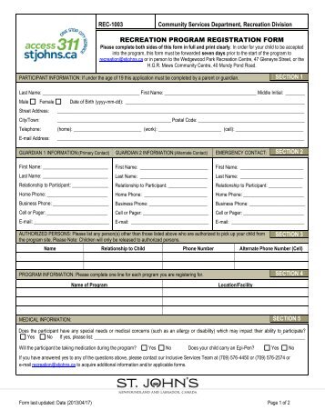 Recreation Program Registration form - REC- 1003 - City Of St. John's
