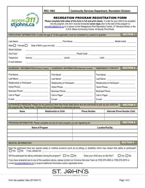 Recreation Program Registration form - REC- 1003 - City Of St. John's