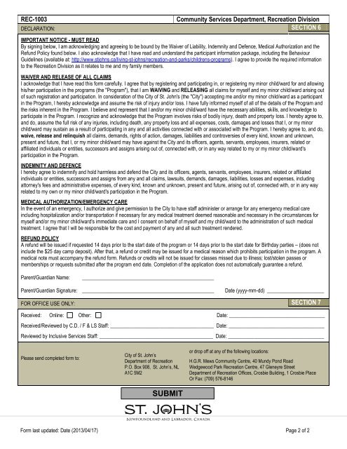 Recreation Program Registration form - REC- 1003 - City Of St. John's