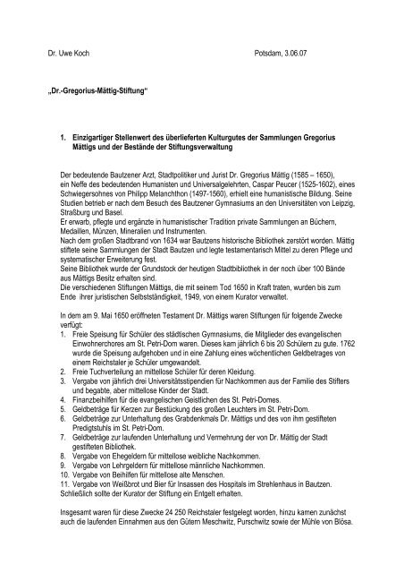 Dr. Uwe Koch Potsdam, 3.06.07 „Dr.-Gregorius-Mättig-Stiftung“ 1 ...