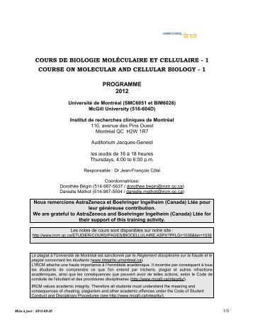 COURS DE BIOLOGIE CELLULAIRE ET MOLÃCULAIRE - IRCM