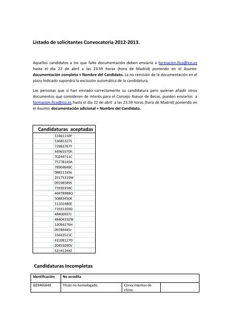 Listado de solicitantes Convocatoria 2012-2013. Candidaturas ...