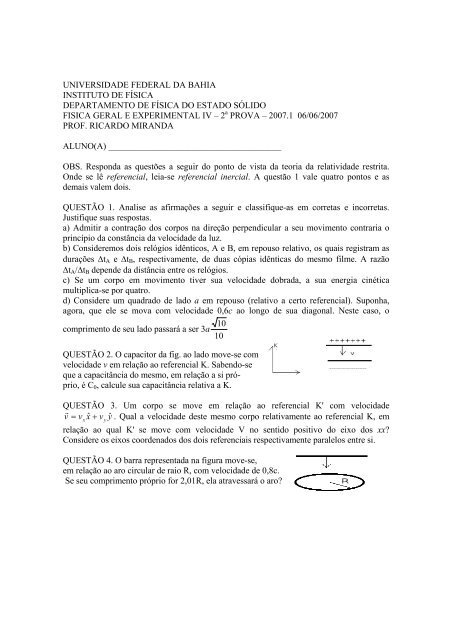 Prova-2-2007-2 - Instituto de FÃ­sica da UFBA - Universidade Federal ...