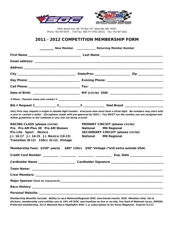 2011 - 2012 COMPETITION MEMBERSHIP FORM - ISOC Racing