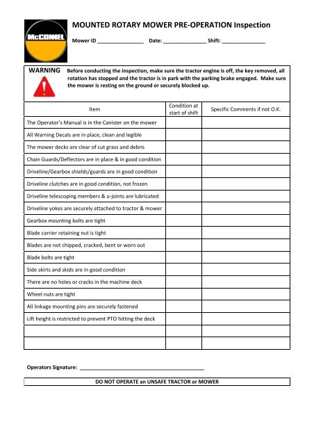 Mounted Rotary Mower Pre- Operation Inspection Form - McConnel