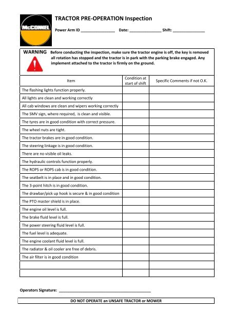 Mounted Rotary Mower Pre- Operation Inspection Form - McConnel